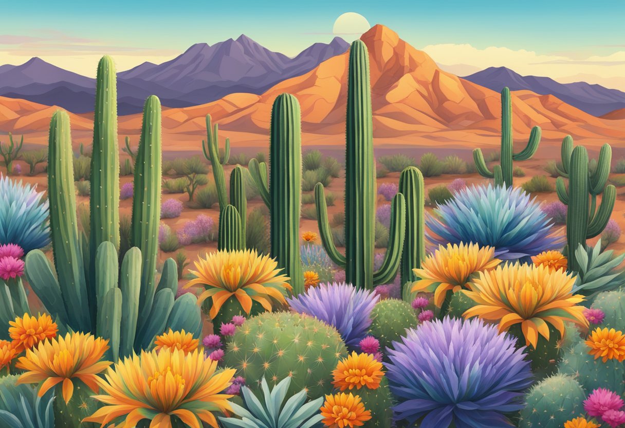 Vibrant wildflowers blanket the Arizona desert, with cacti and mountains in the background