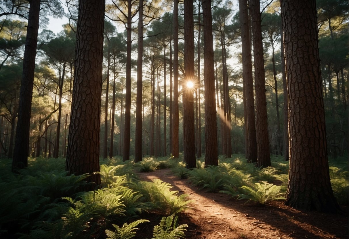 Sunlight filters through the dense canopy of South Florida pine trees, casting dappled shadows on the forest floor. The trees stand tall and straight, their rough bark and needle-covered branches reaching towards the sky