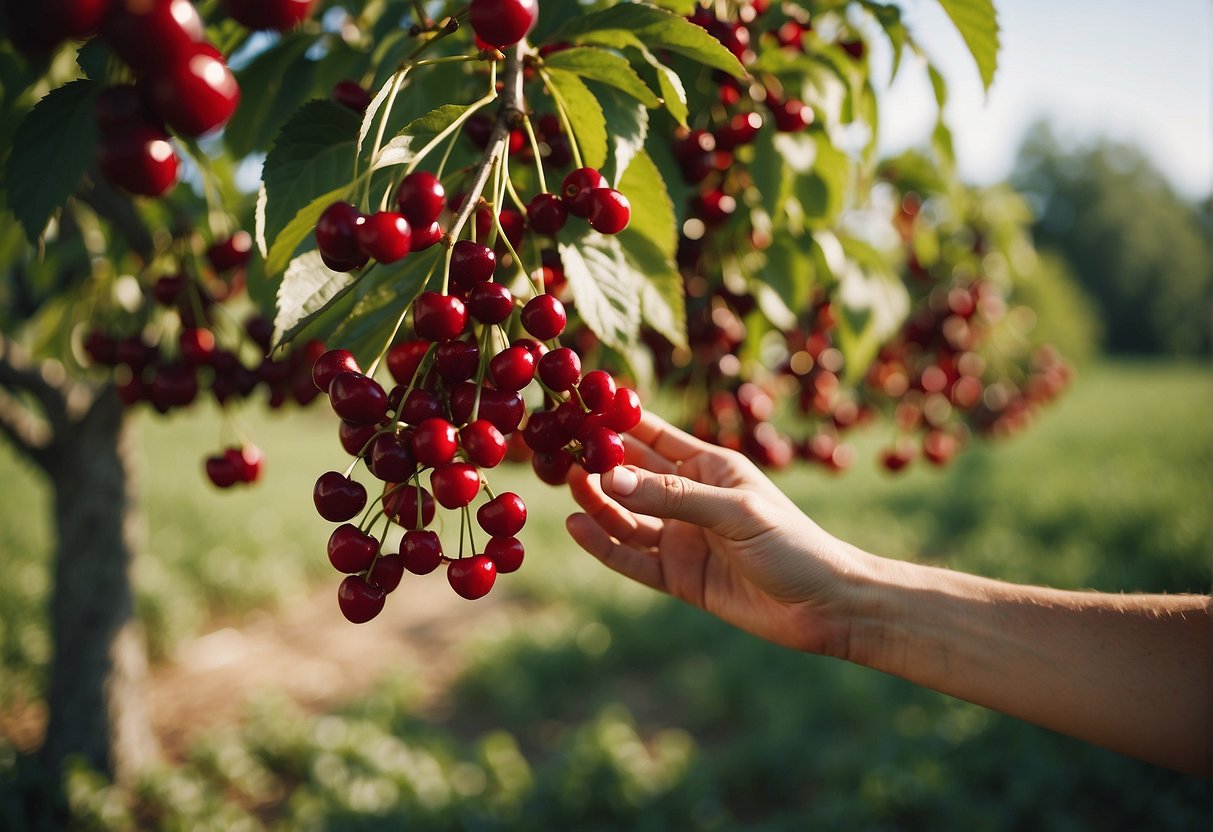 Cherries being picked and sorted in a Texas orchard
