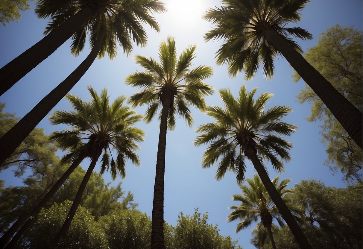 Tall palm trees sway in the warm Alabama breeze, with long, slender trunks and vibrant green fronds reaching towards the sky