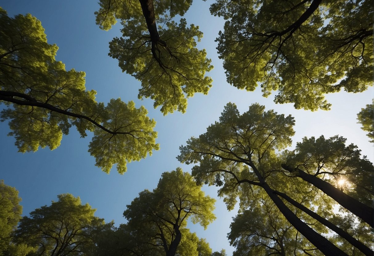 Tall trees shoot up in Illinois, their branches reaching for the sky. The leaves are lush and green, creating a dense canopy overhead
