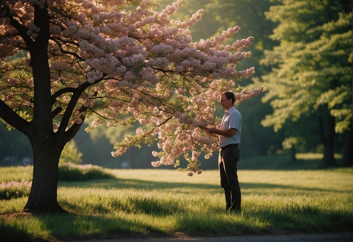 A person carefully selects a flowering tree in a Delaware landscape. The tree&rsquo;s vibrant blooms stand out against the greenery