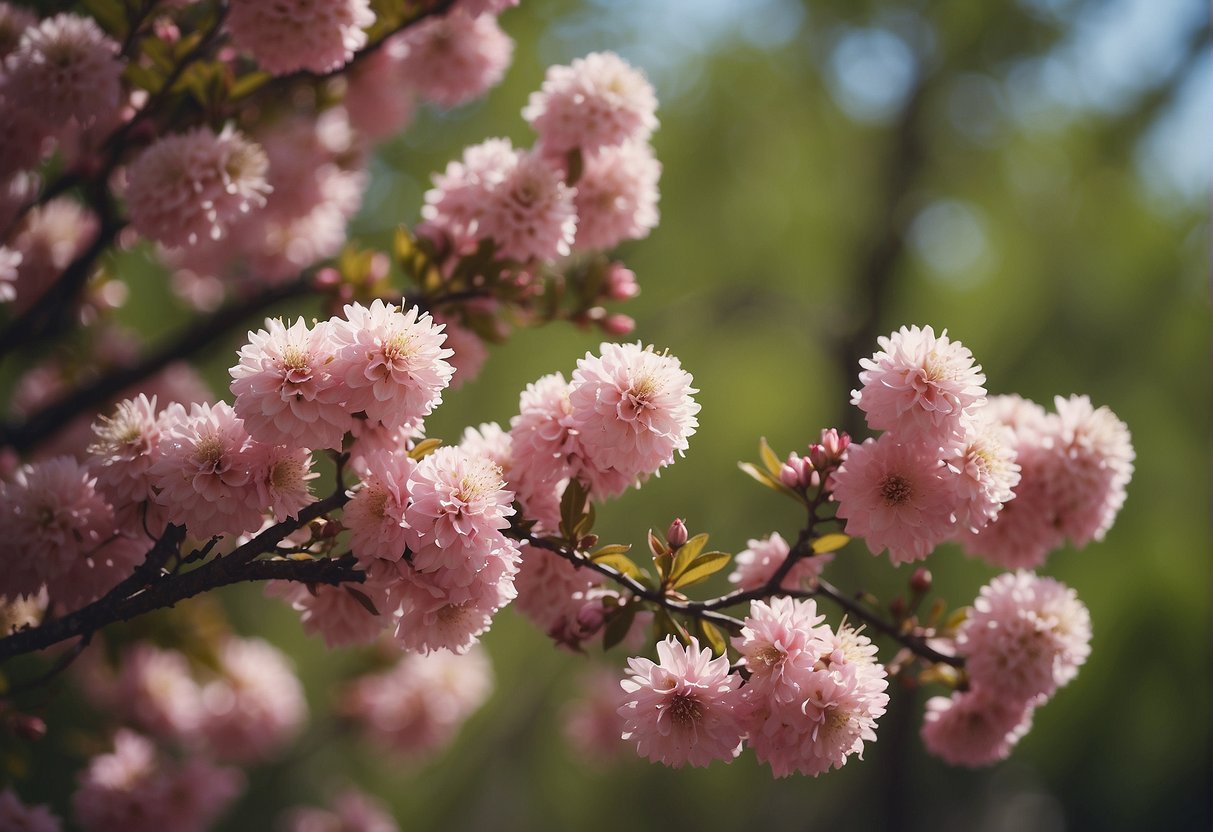 A Texas landscape with various pink flowering trees in bloom