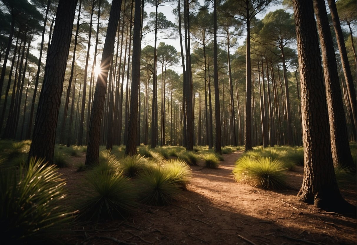 Tall South Florida pine trees sway in the warm breeze, their long needles catching the sunlight and casting dappled shadows on the forest floor