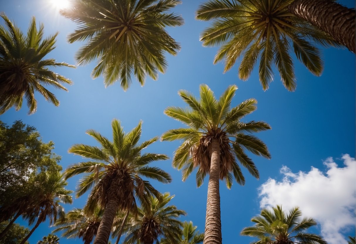 Tall palm trees sway in the warm Alabama breeze, their fronds rustling against the clear blue sky