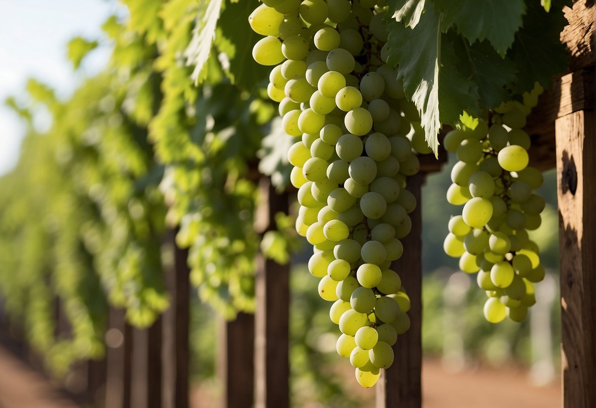 Lush green vines twine around wooden trellises, bearing clusters of grape-like fruits. Tender hands prune and nurture the thriving plants