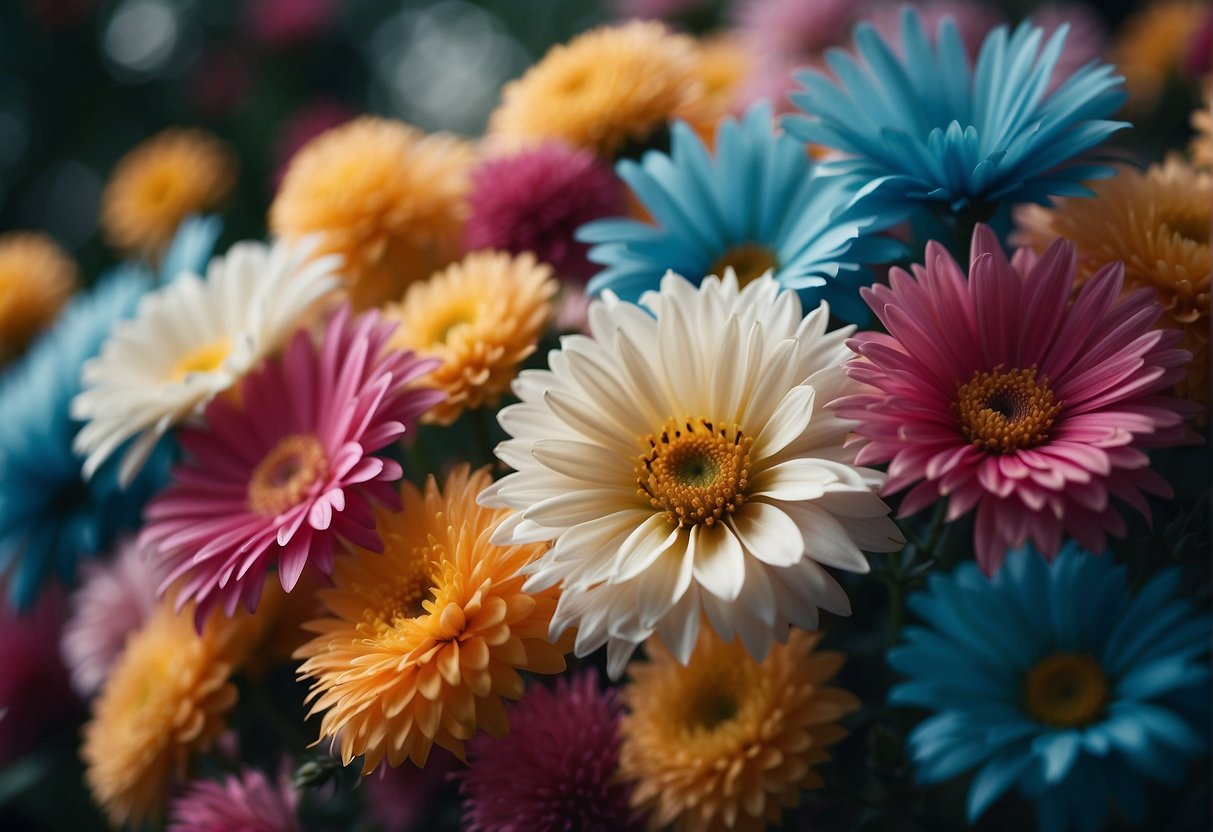 Vibrant flowers resemble delicate feathers, cascading in a mesmerizing display of color and texture