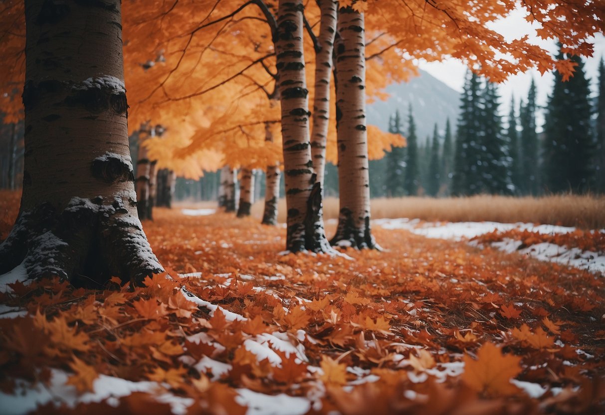 Maple trees stand tall in the Alaskan wilderness, their vibrant red and orange leaves contrasting against the snow-covered landscape