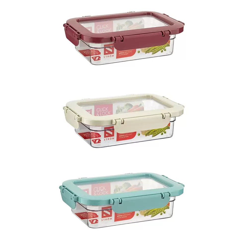 600ml Clip & Lock Coloured Lid Plastic Storage Boxes