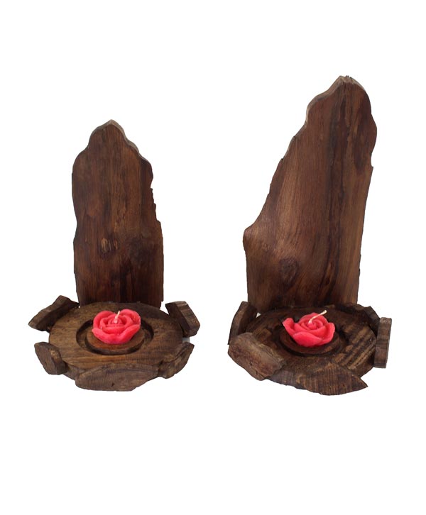 Set of 2 Raw Wood Candle Stands Platear