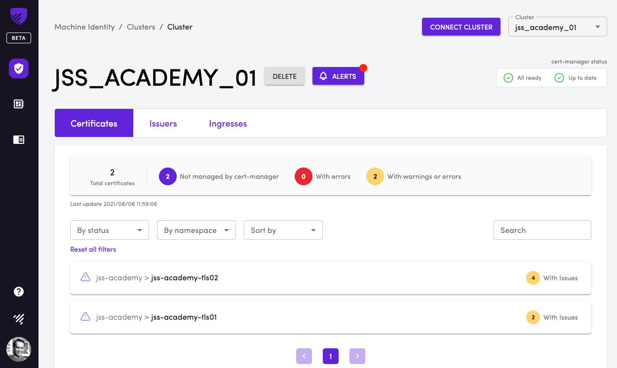 Accessing certificate inventory from TLS Protect for