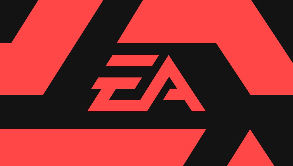 Logotipo de Electronic Arts (EA) en diseño gráfico rojo y negro con estilo geométrico moderno.