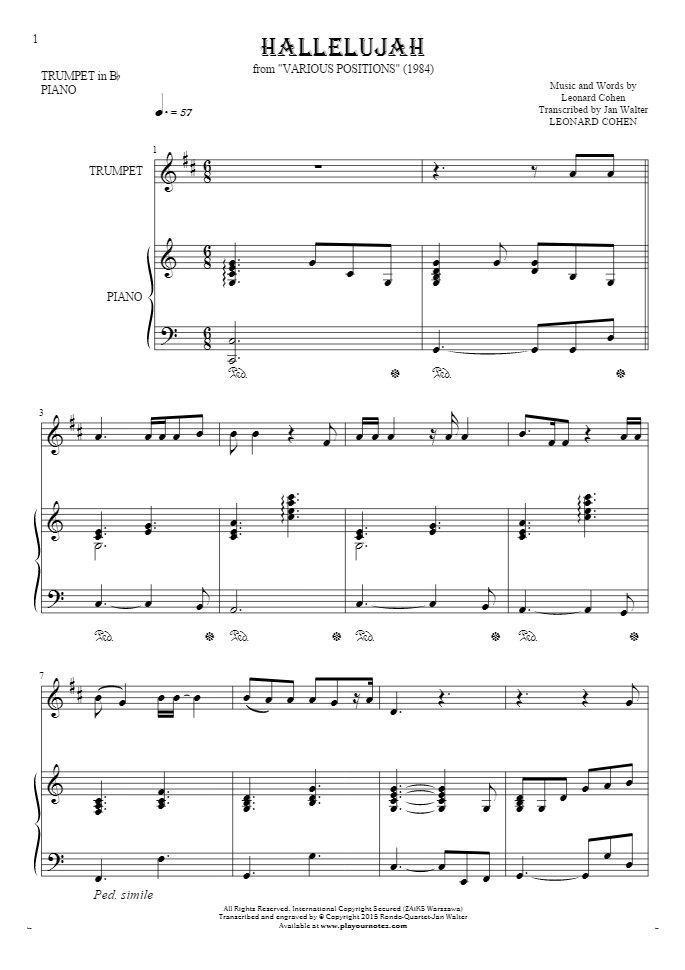 Hallelujah Noten für Solo Stimme mit Begleitung PlayYourNotes