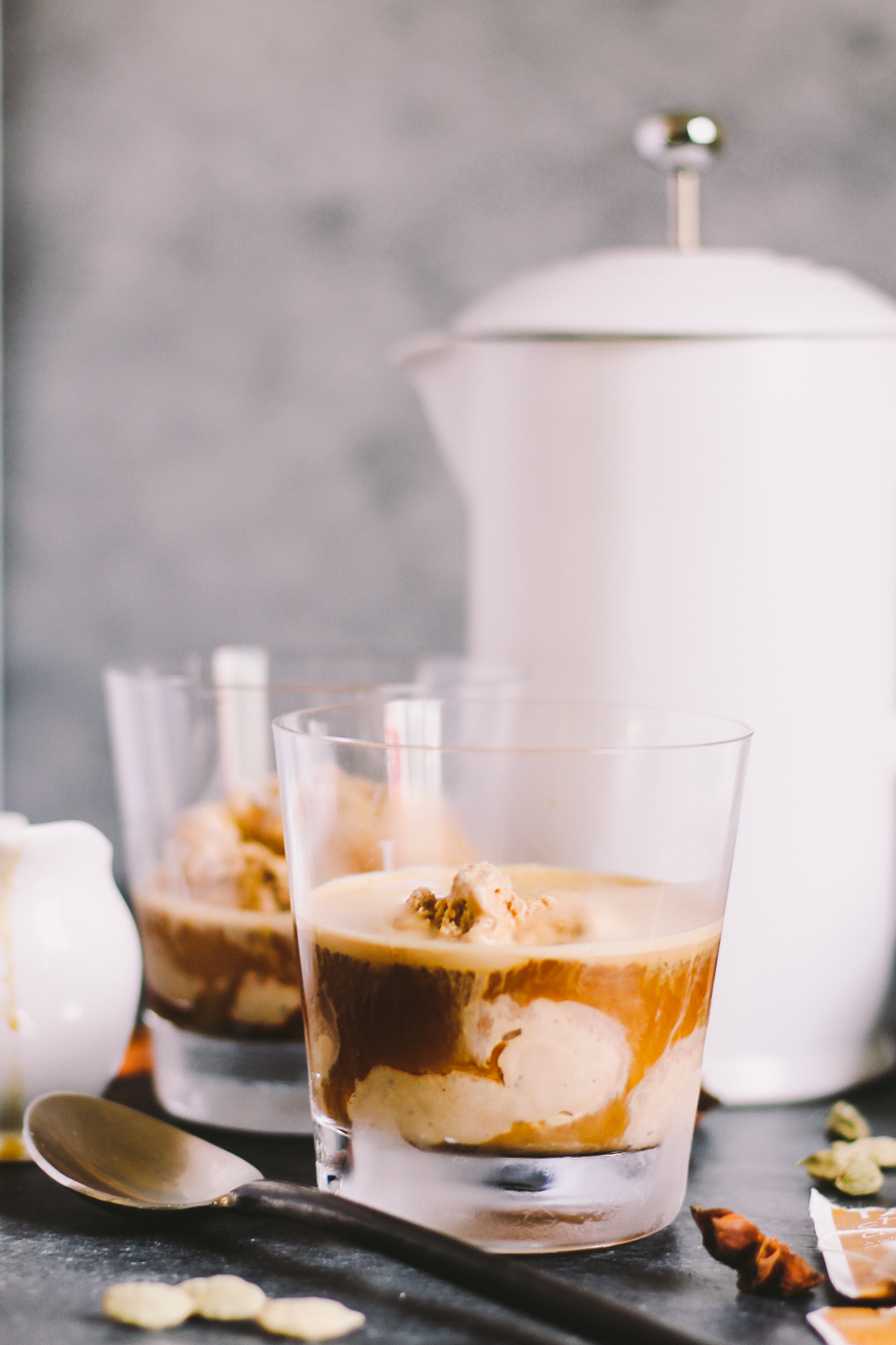 dirty chai affogato with homemade chai ice cream plays well with butter