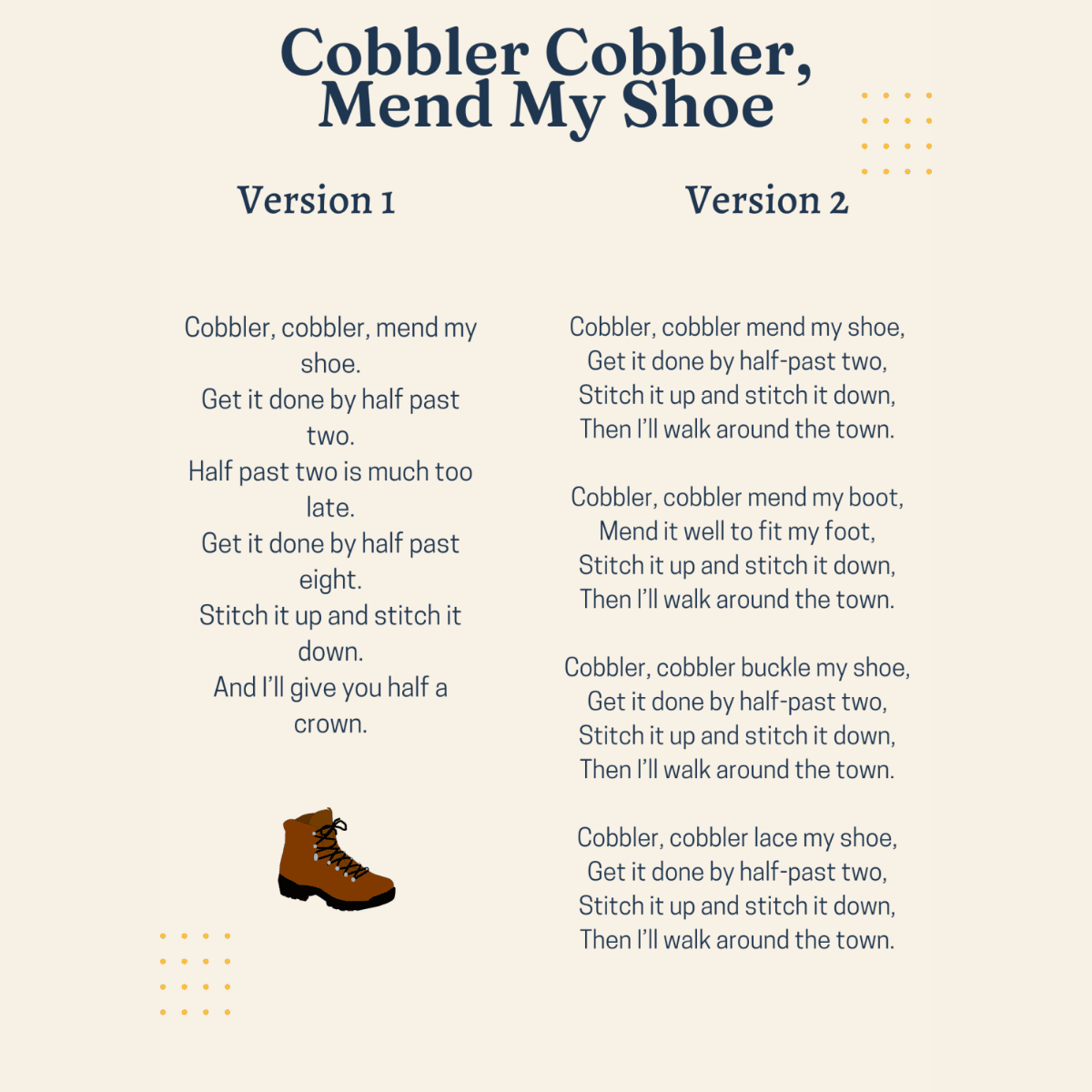 Cobbler Cobbler, Mend My Shoe Lyrics, Origins, and Video