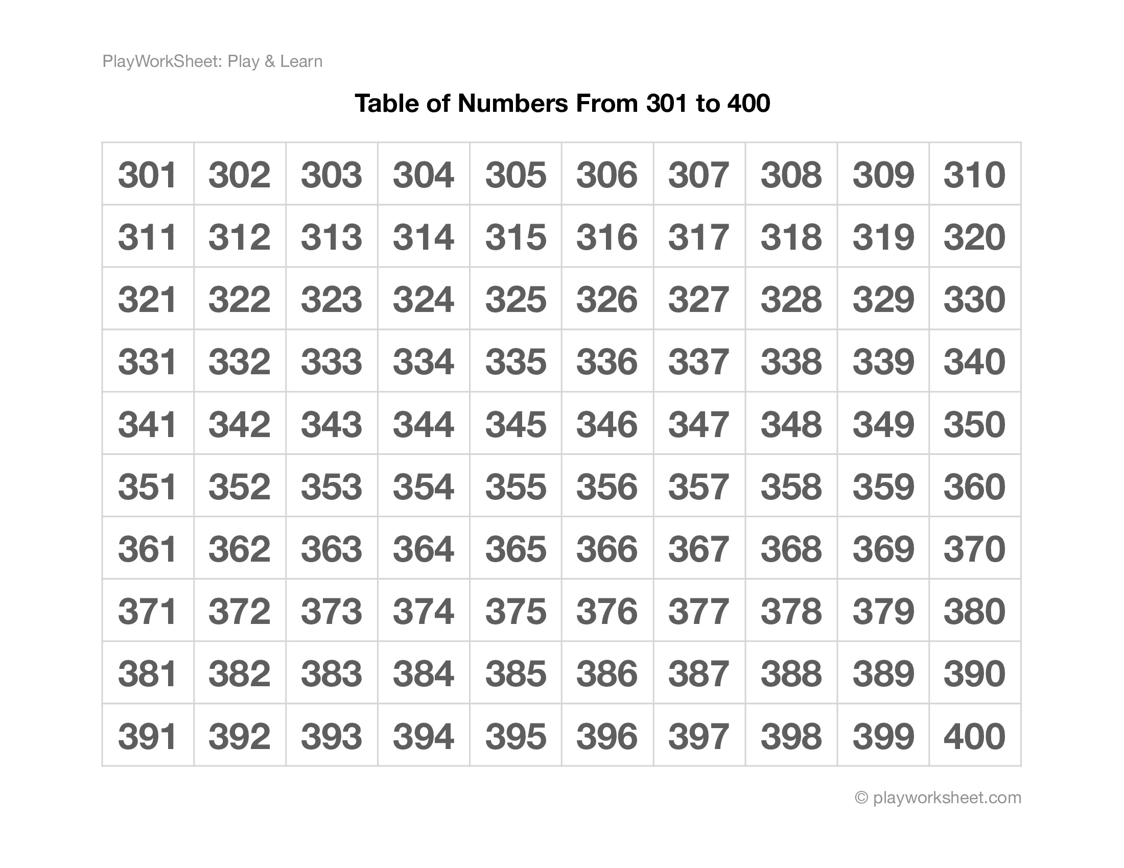 Number Table From 301 to 400 Free Printables for Kids