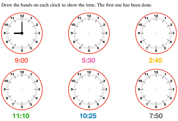 Draw Hands on Blank Clocks | Free Printables for Kids