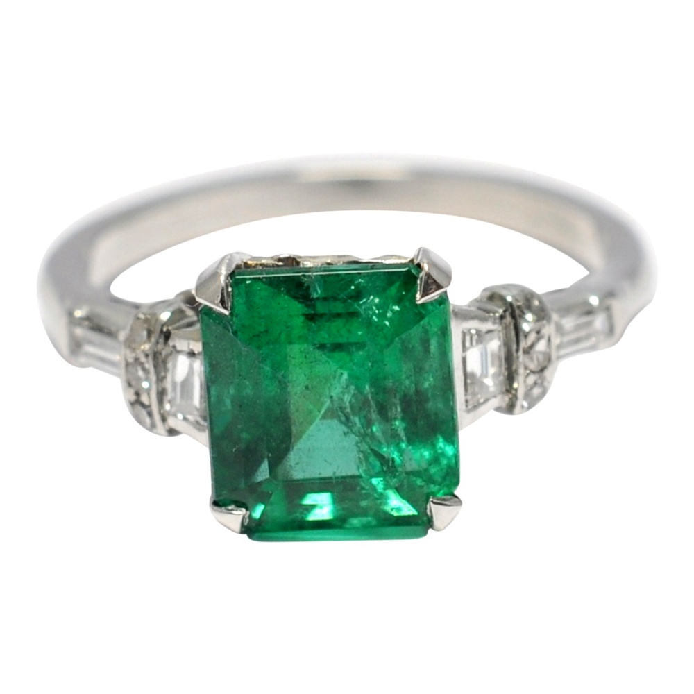 Art Deco Emerald Diamond Platinum Ring Plaza Jewellery English