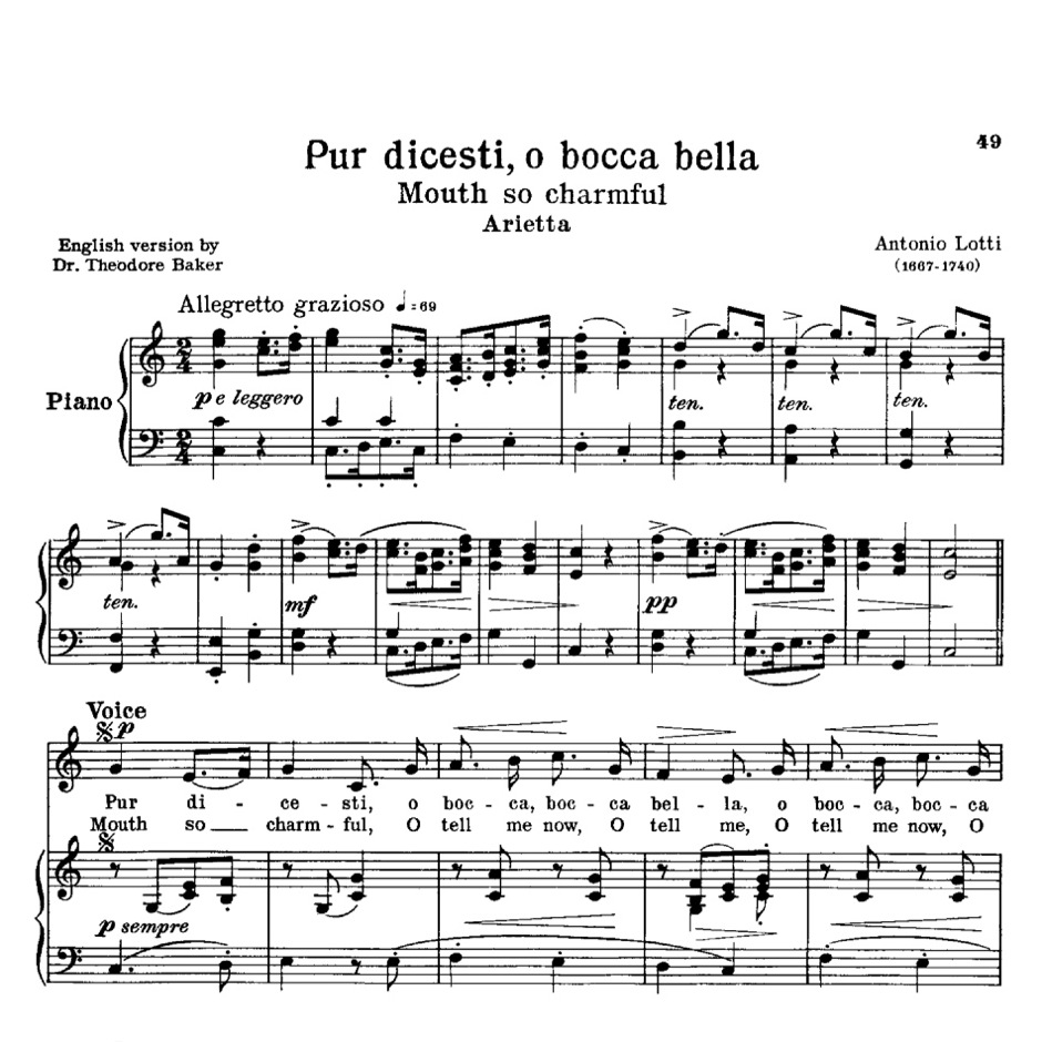 Pur dicesti, o boca bella, Low Voice in C Major, A. Lotti. For