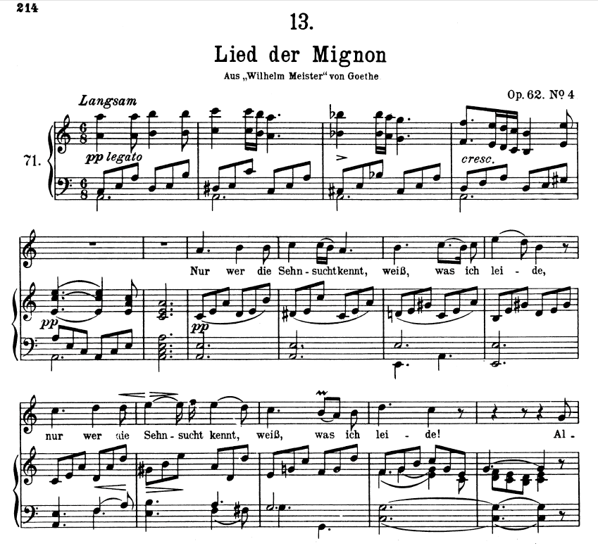 Lied der Mignon D.8774 "Nur wer die sehnsucht kennt", High Voice in A