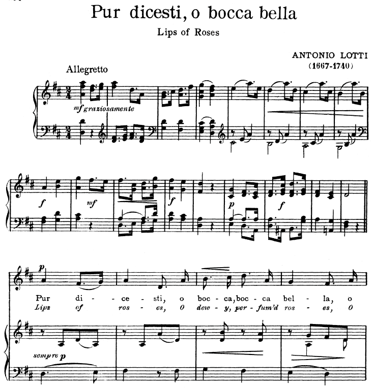 Pur dicesti o boca bella, Medium Voice in D Major, A Lotti. For Mezzo