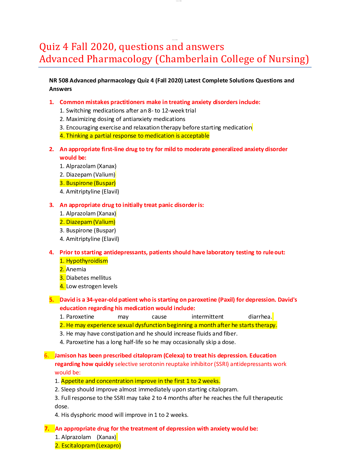 Quiz 4 Fall 2020, questions and answers NR508 Advanced Pharmacology