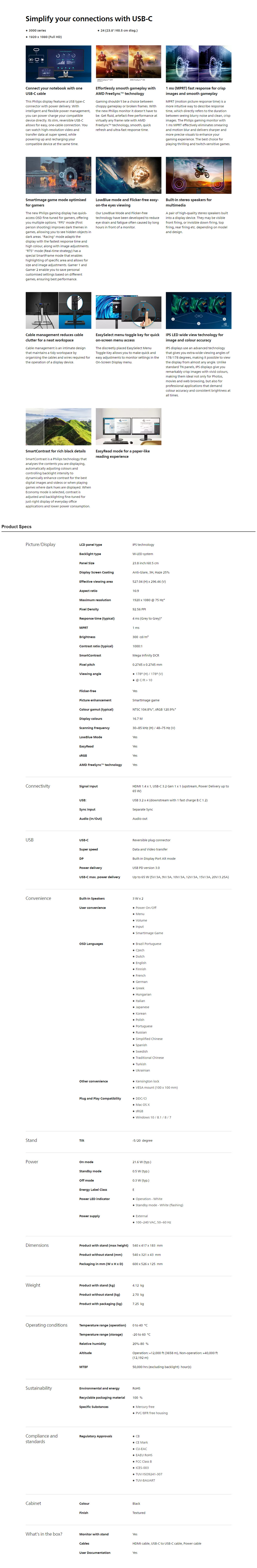 Philips 24E1N3300A 24" 1080p 75Hz IPS USBC Monitor PLE Computers