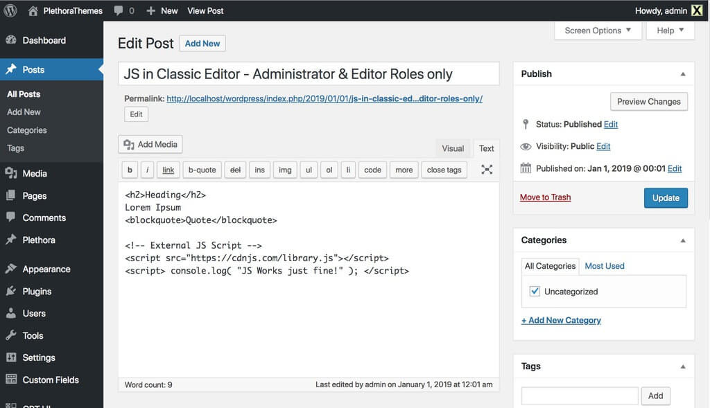 How to add JavaScript or jQuery to WordPress Tutorial Plethora Themes