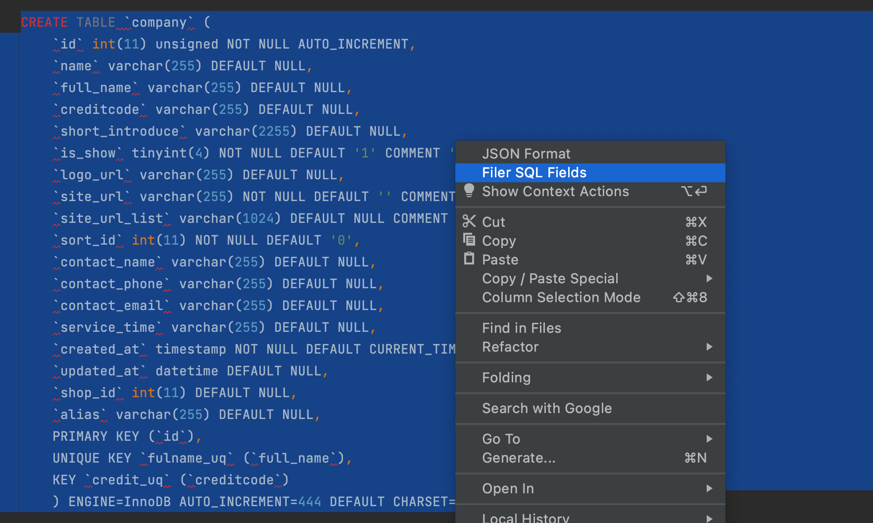 Sql to Go Struct/Java Class/JSON format IntelliJ IDEs Plugin