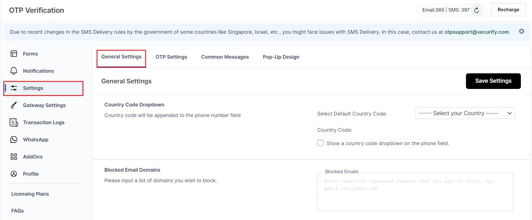 OTP Verification general setting configuration WordPress