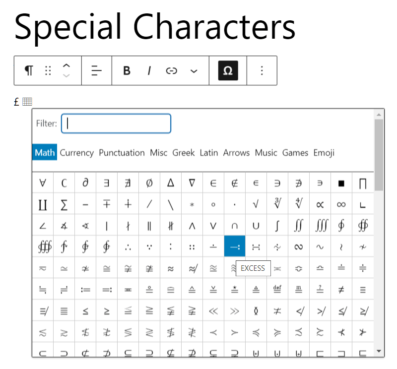 Add Special Characters, Symbols, Emojis in Block Editor Posts