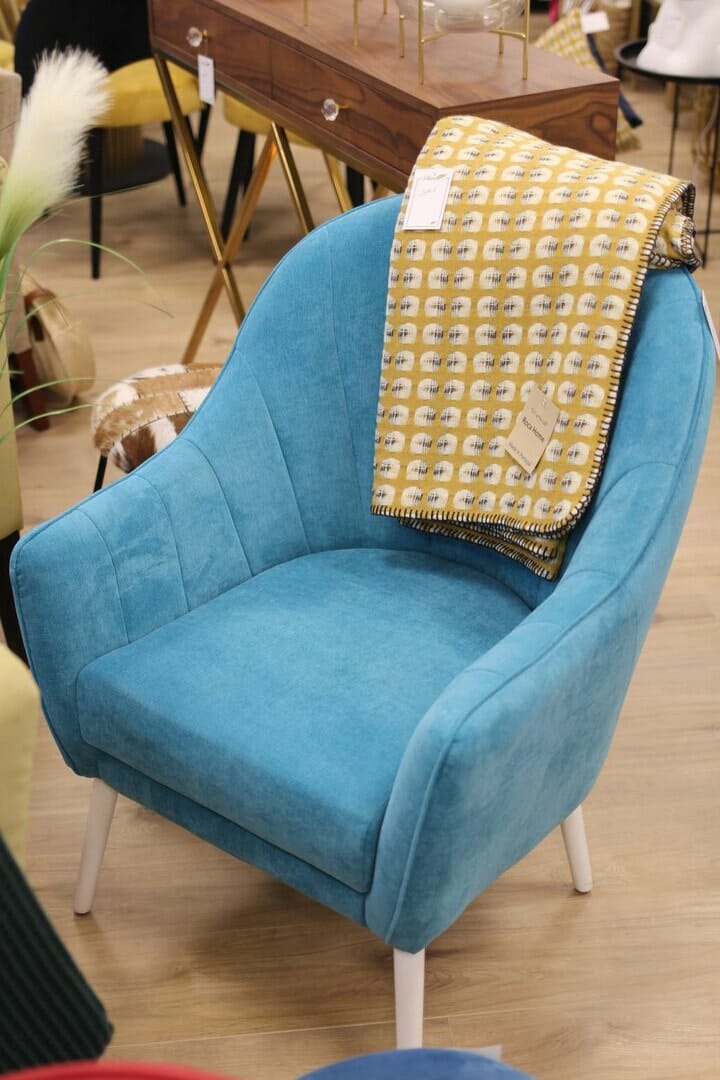Fauteuil Vintage velours Bleu Turquoise Plume