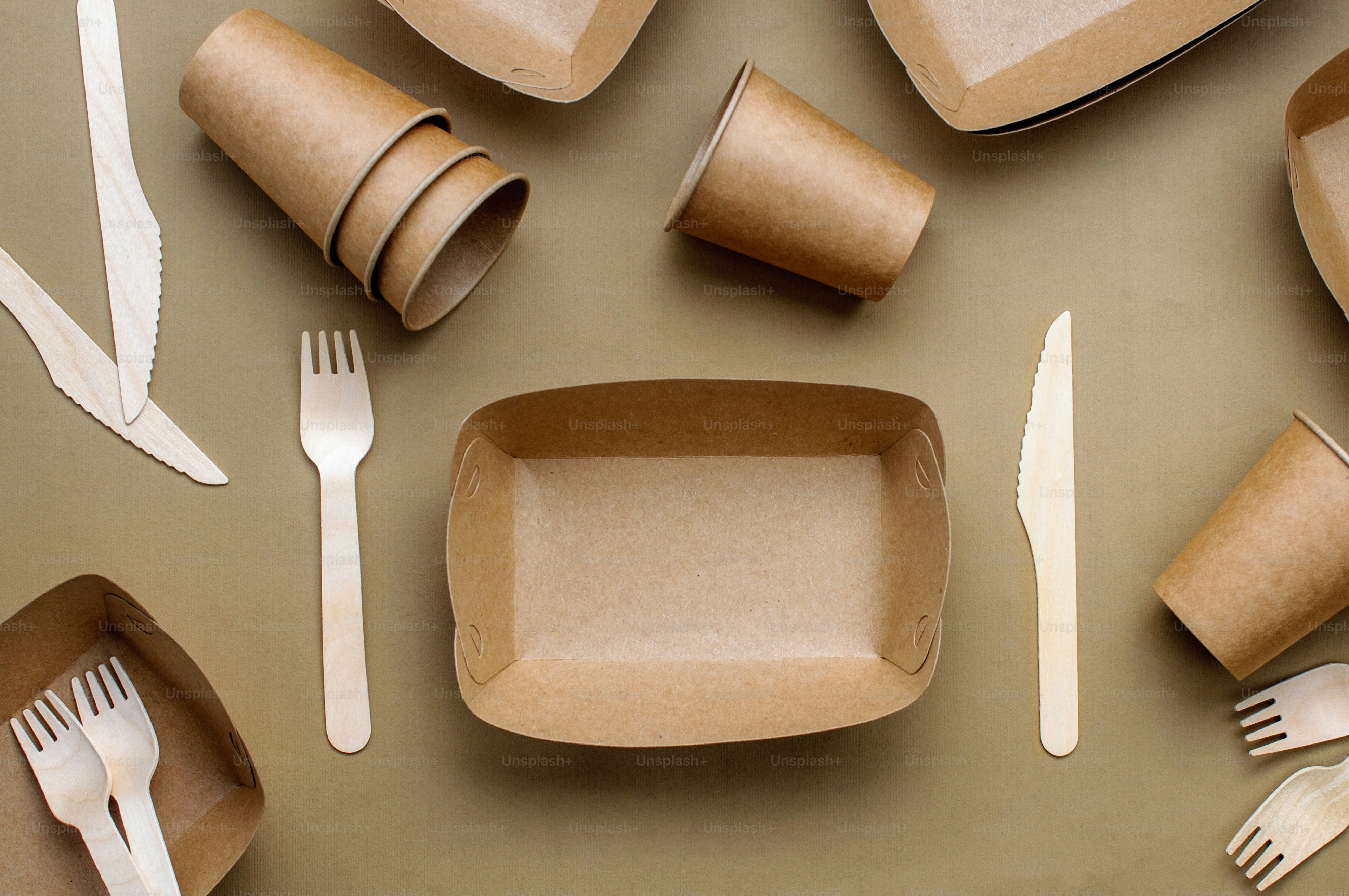 Disposable eco friendly food packaging. Brown kraft paper food