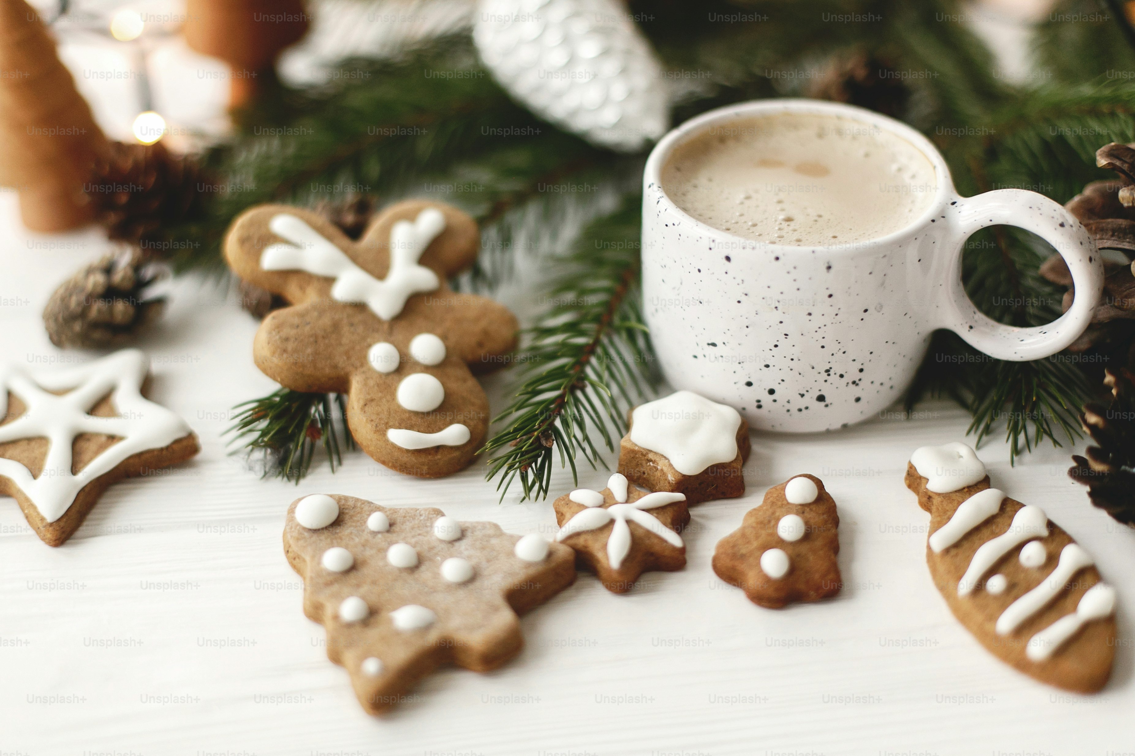 Christmas Coffee Wallpaper Hd 2022 Christmas gingerbread cookies, coffee in stylish white cup, pine cones