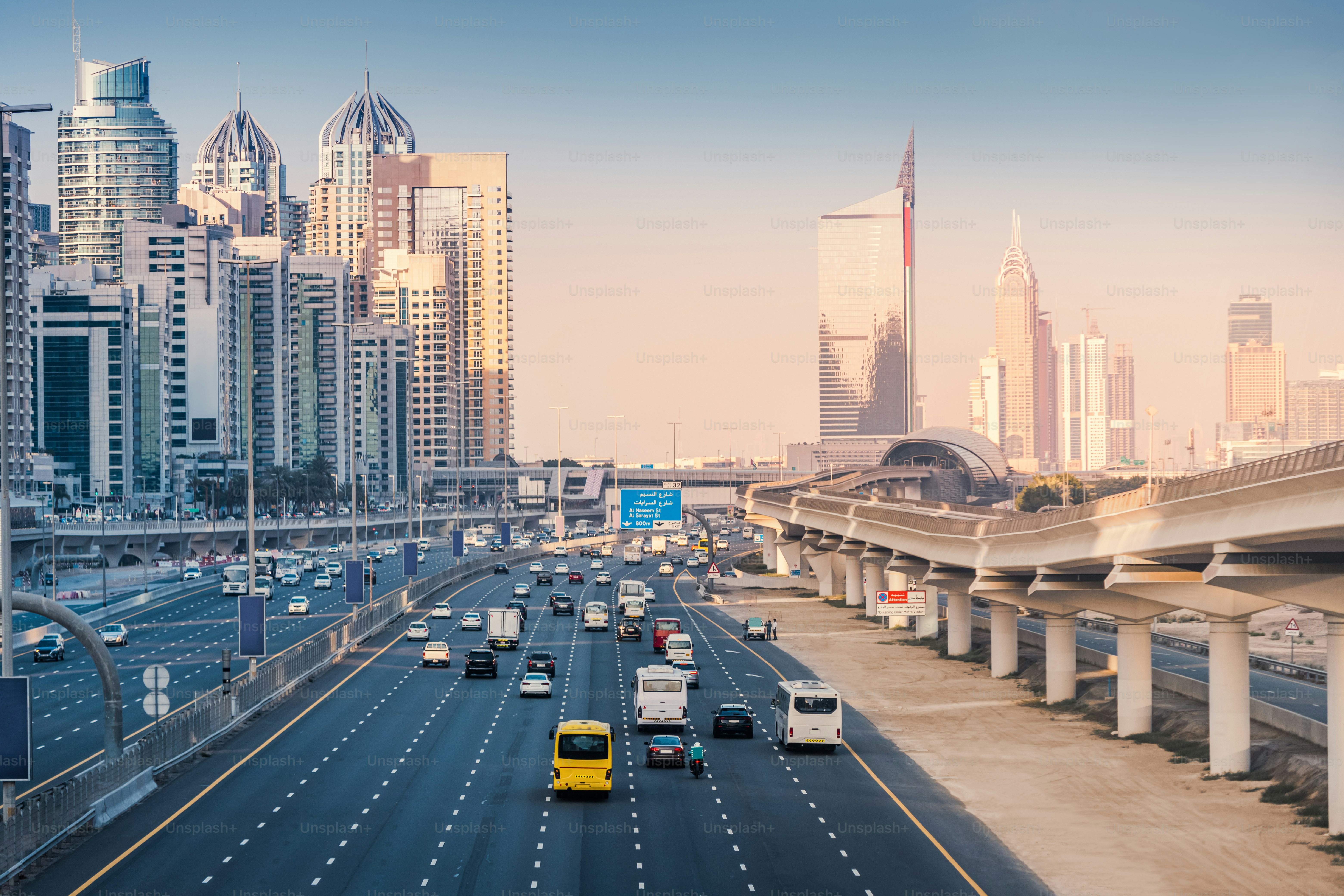 Aerial view of the famous Sheikh Zayed Road with car traffic and metro