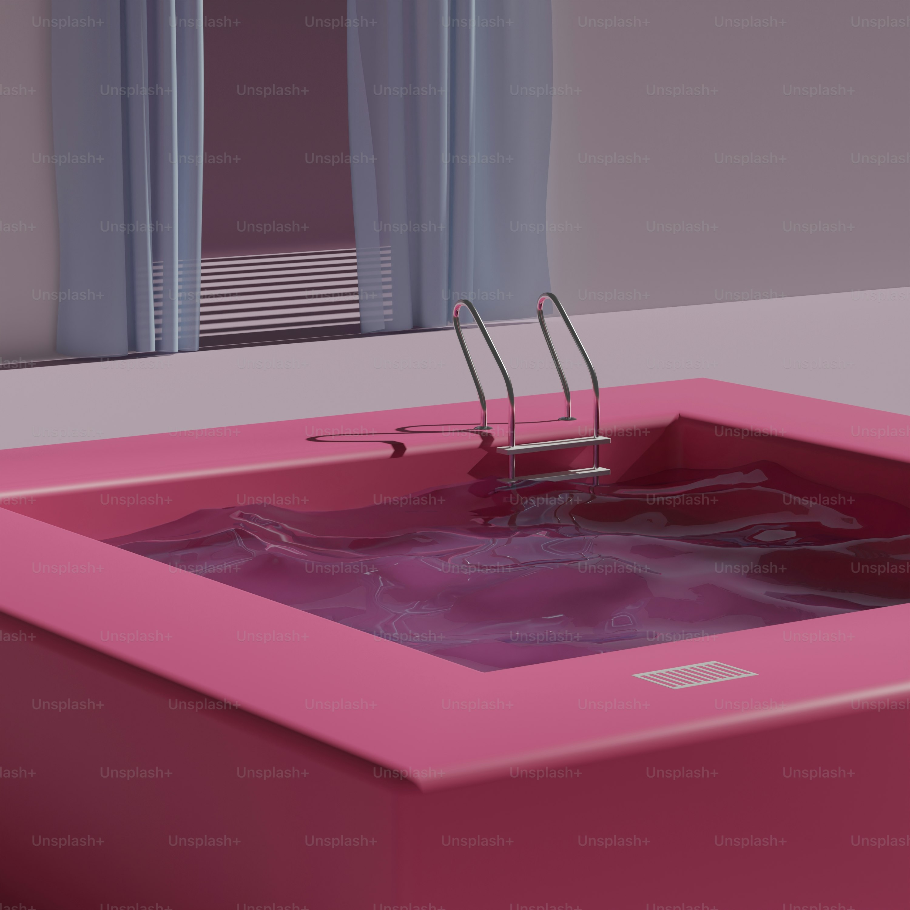 A pink bathtub with water in it in front of a window photo Swimming