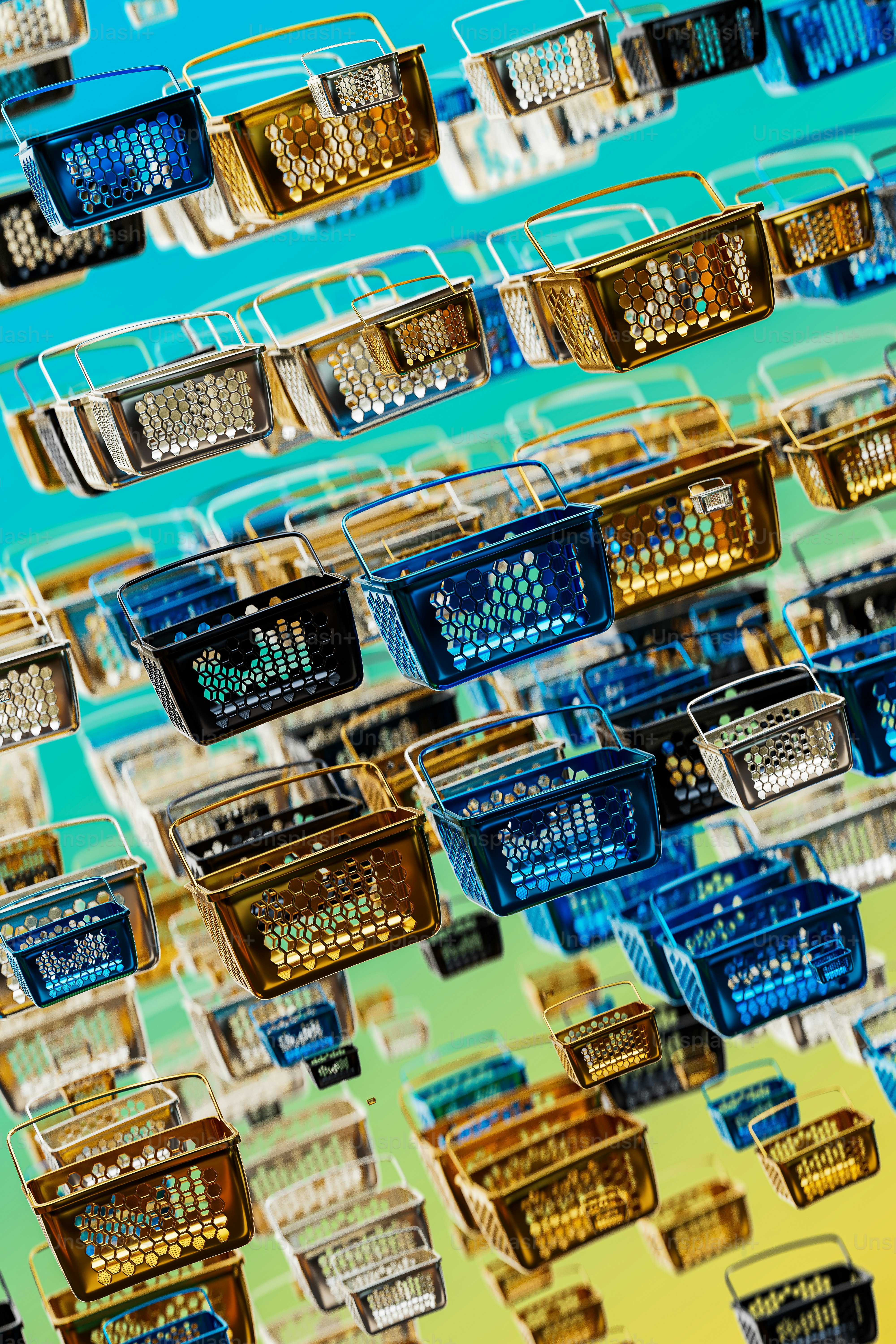 A bunch of baskets are hanging on a wall photo Background Image on