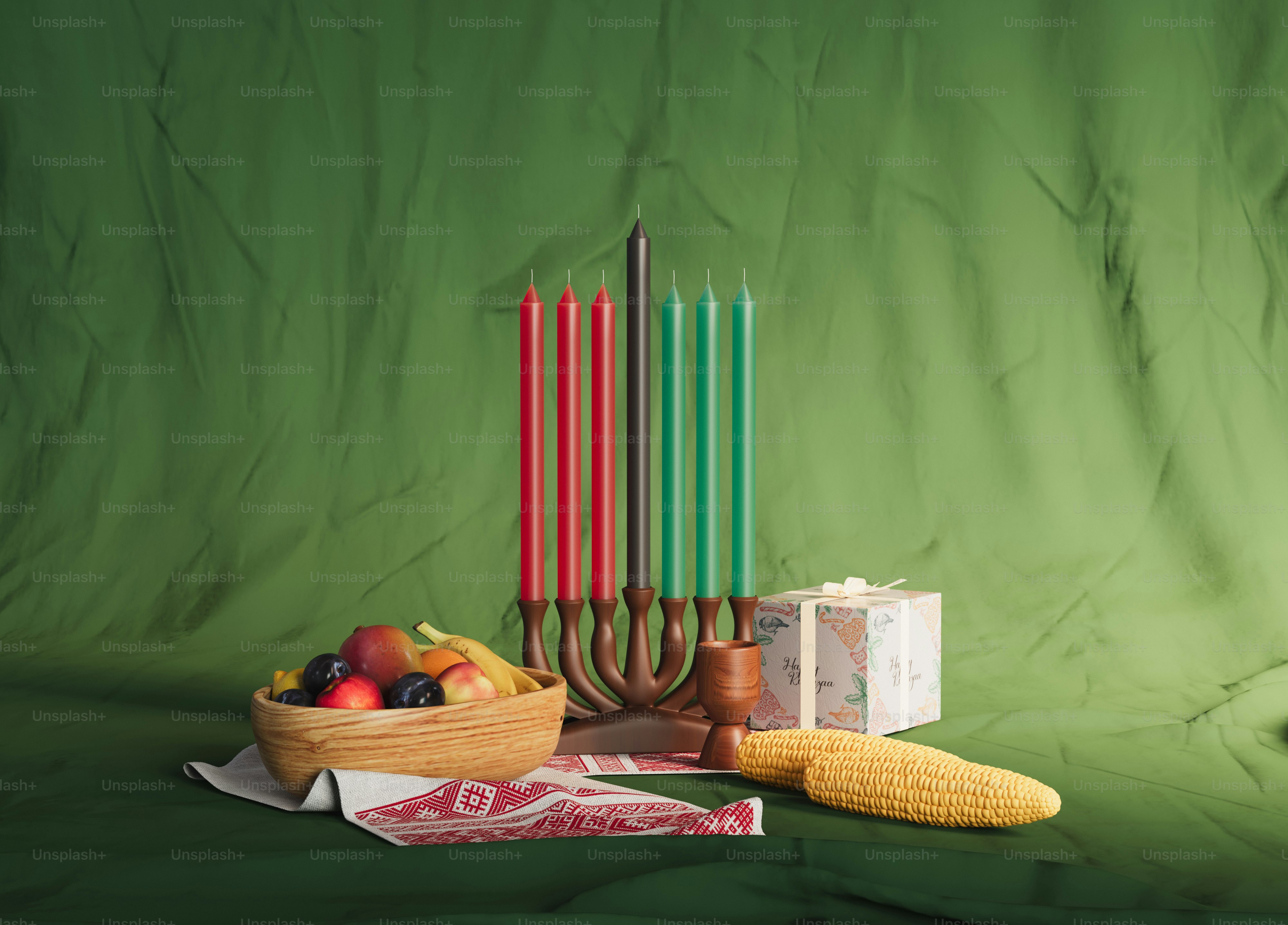 A hanukkah menorah with a basket of fruit and corn on photo Candle