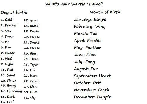 What is your warrior cat name? Warriors Amino