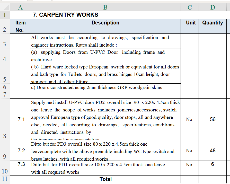 BoQ Format for Residential Building Excel and PDF (Free Download) PM
