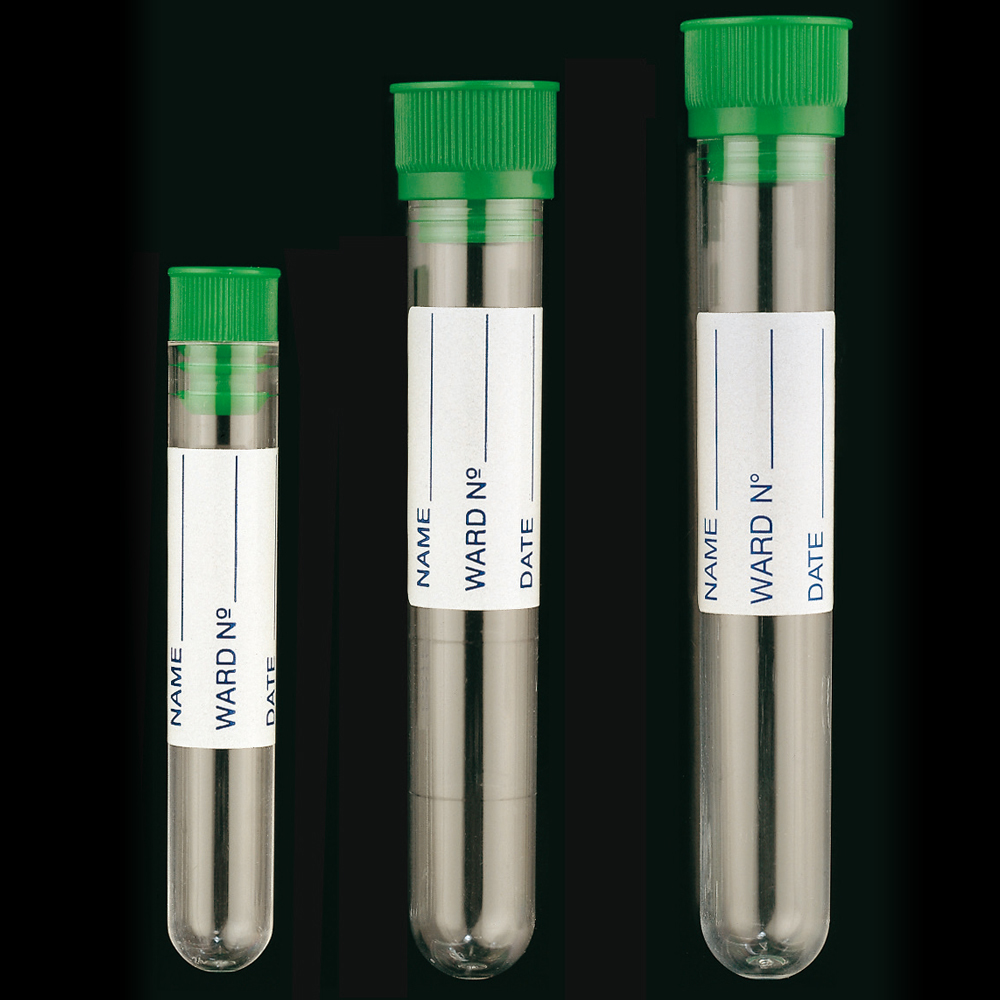Polystyrene tubes, capped and labelled PMS Partners Medical Solution