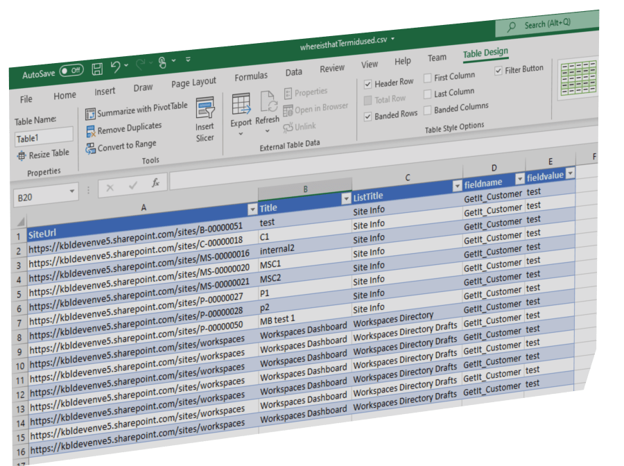 Reports to Excel where the specified Term is used PnP Samples