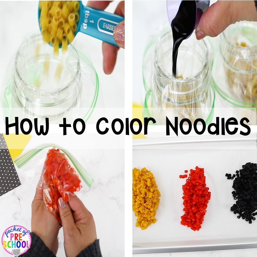 How to Dye Noodles and Make a Mini Name Sensory Bin Pocket of Preschool