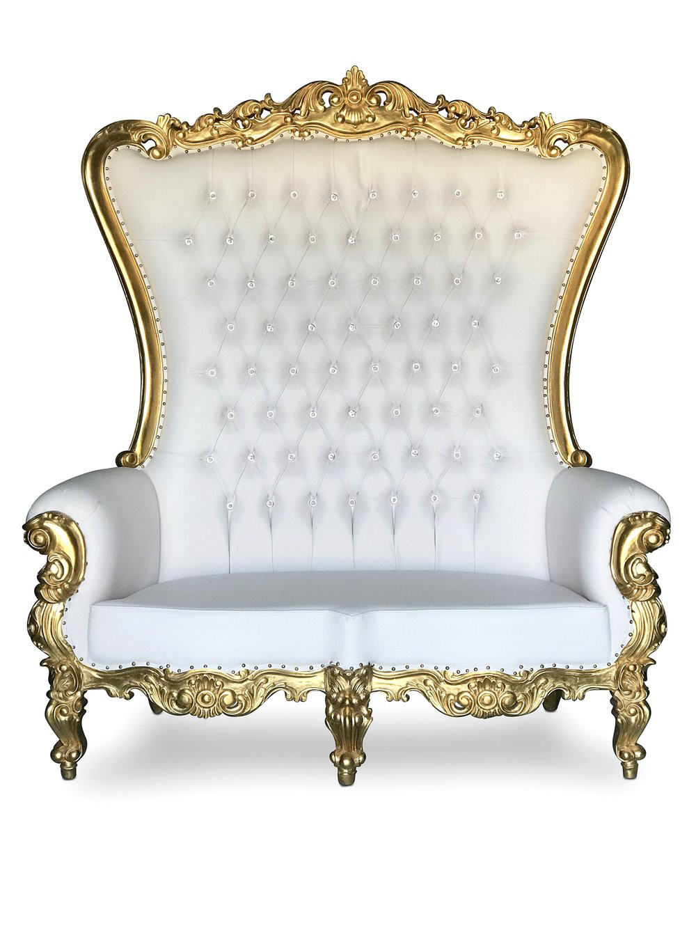 White Throne Sofa with Gold Trim Pocono Party Rentals