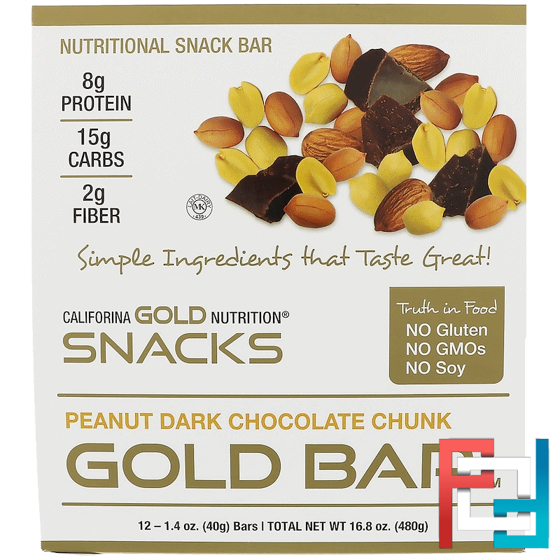 Gold Bar, Peanut Dark Chocolate Chunk, California Gold Nutrition, 12