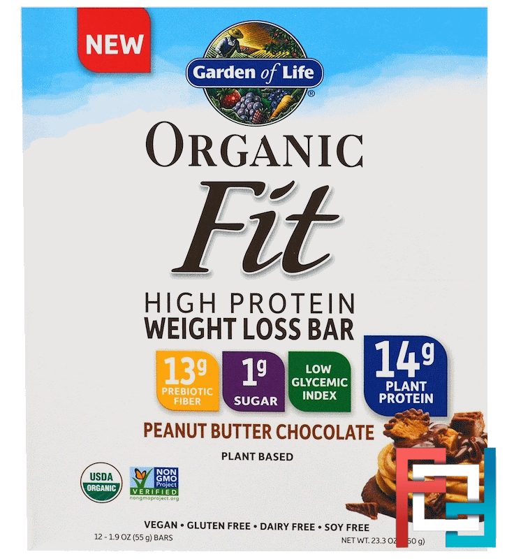 Organic Fit, High Protein Weight Loss Bar, Peanut Butter Chocolate, Garden of Life, 12 Bars, 1.9