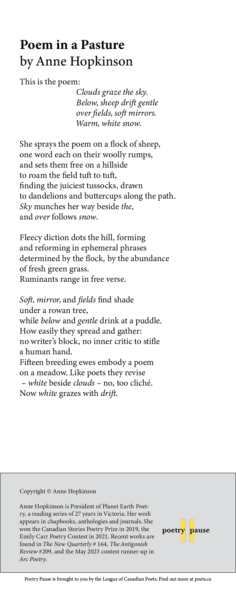 Poem in a Pasture by Anne Hopkinson League of Canadian Poets