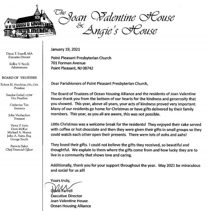 Thank You from the Valentine House Point Pleasant Presbyterian