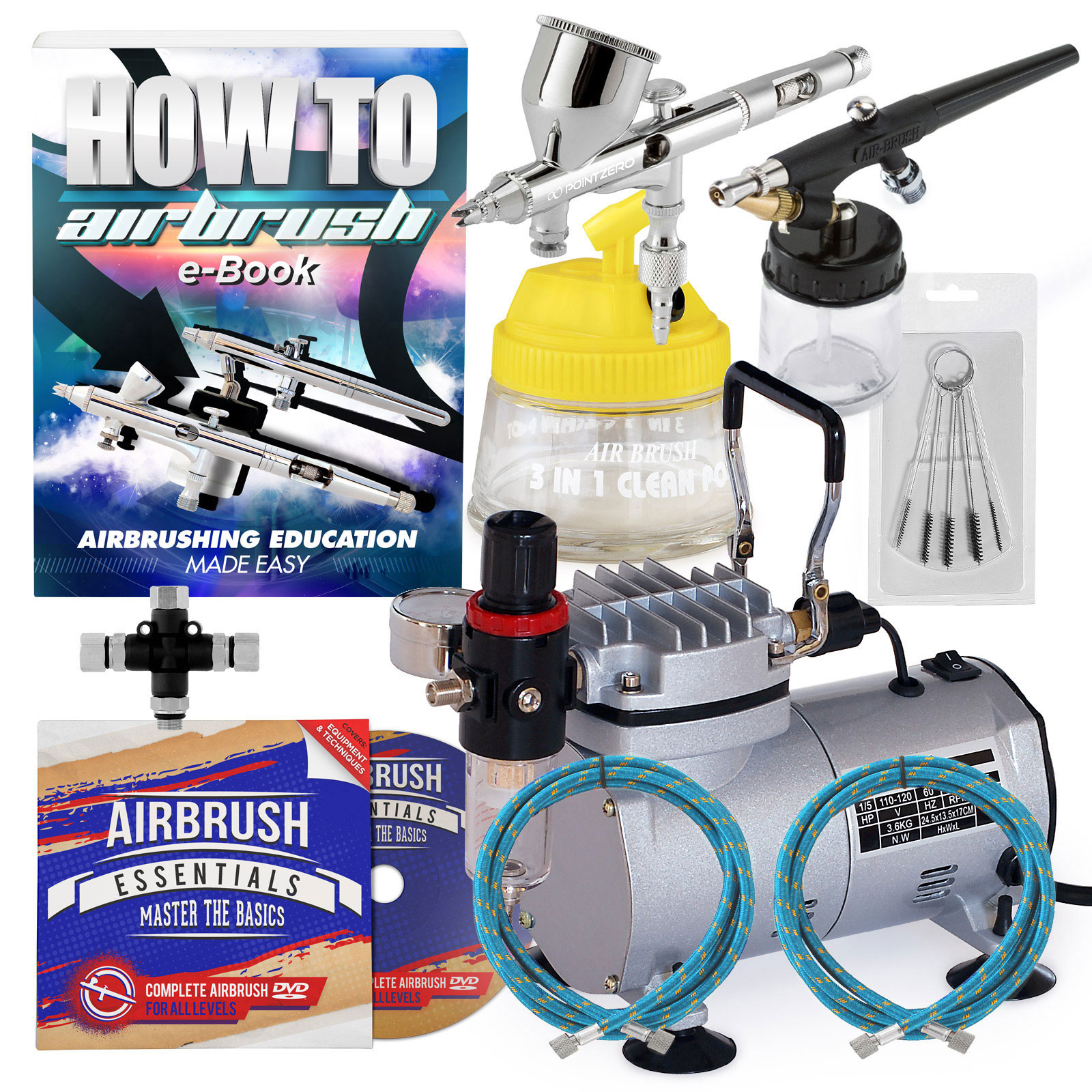 PointZero Pro Multipurpose Two Airbrush Set Piston Compressor Kit Point Zero Airbrush