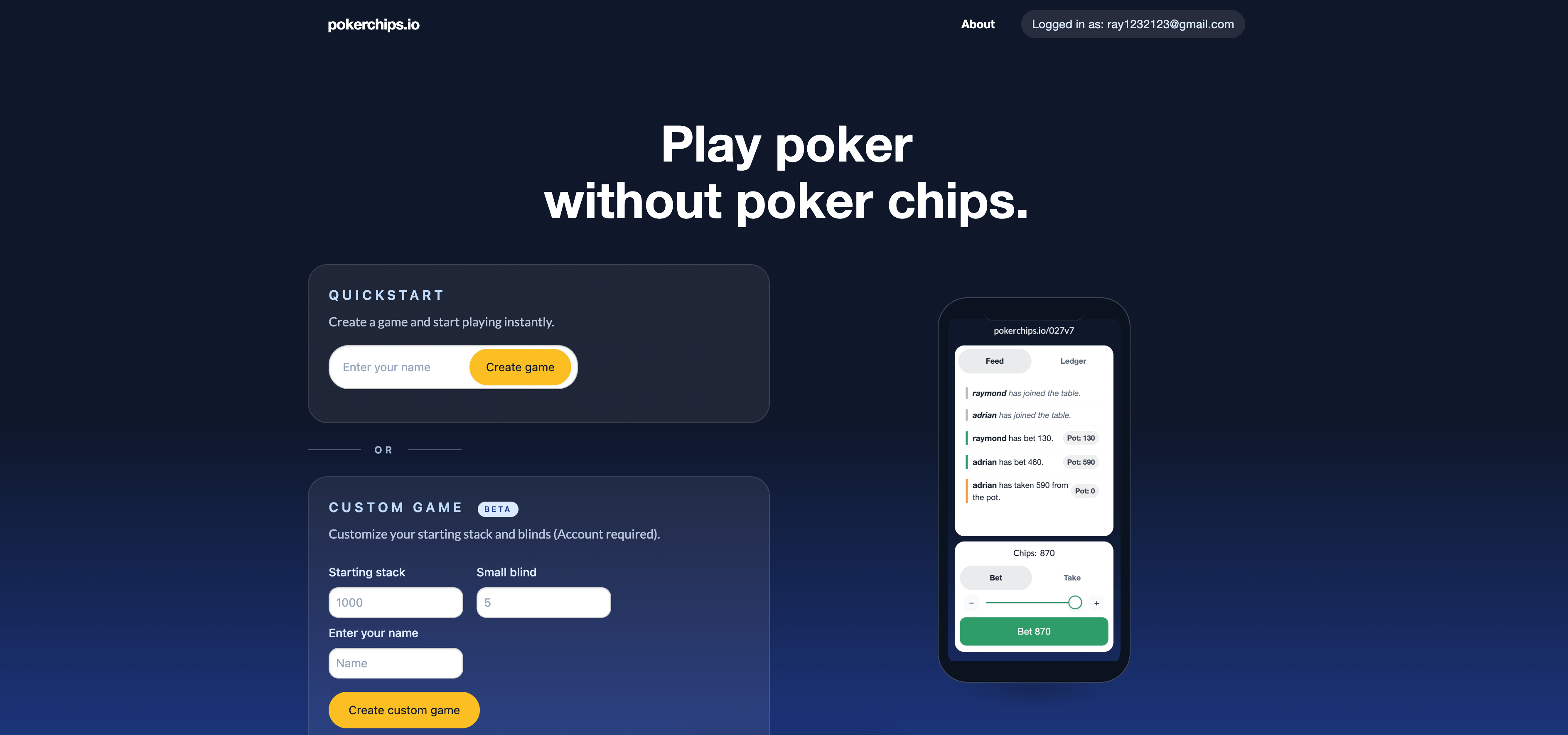 pokerchips.io — Play poker with your friends without poker chips!